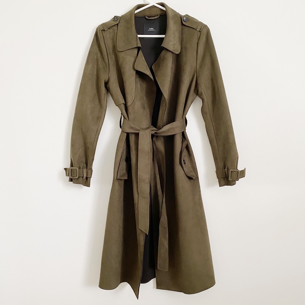 Zara Faux Suede Trench Coat in Dark Olive Green